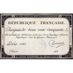 Assignat 45a - 250 livres - Signature 6 - 7 vendémiaire an 2 - Série 2985 - Etat : TTB+