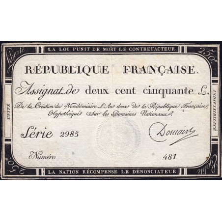 Assignat 45a - 250 livres - Signature 6 - 7 vendémiaire an 2 - Série 2985 - Etat : TTB+