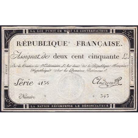 Assignat 45a - 250 livres - Signature 1 - 7 vendémiaire an 2 - Série 4136 - Etat : TTB