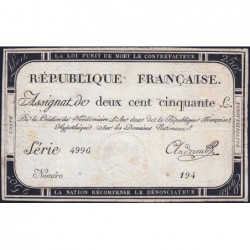 Assignat 45a - 250 livres - Signature 1 - 7 vendémiaire an 2 - Série 4996 - Etat : TB+