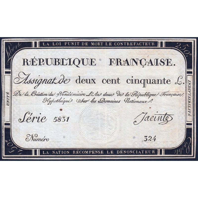 Assignat 45a - 250 livres - 7 vendémiaire an 2 - Signature 12 - Série 5831 - Etat : TTB+