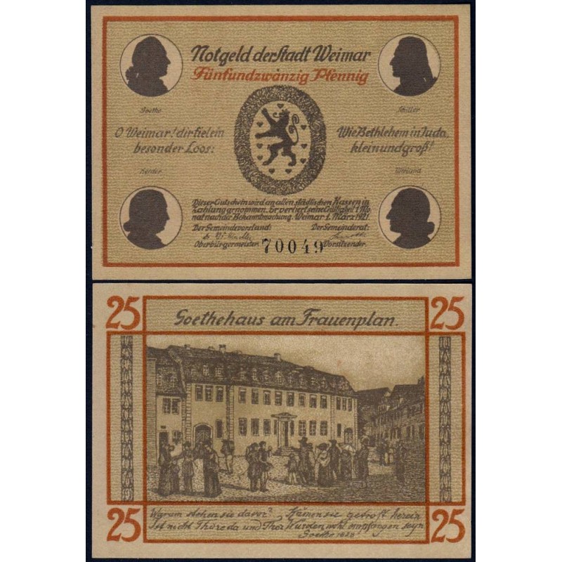 Allemagne - Notgeld - Weimar - 25 pfennig - Type c - 01/03/1921 - Etat : NEUF