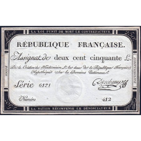 Assignat 45a - 250 livres - Signature 4 - 7 vendémiaire an 2 - Série 6171 - Etat : SPL+