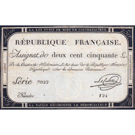 Assignat 45a - 250 livres - Signature 14 - 7 vendémiaire an 2 - Série 7022 - Etat : TTB