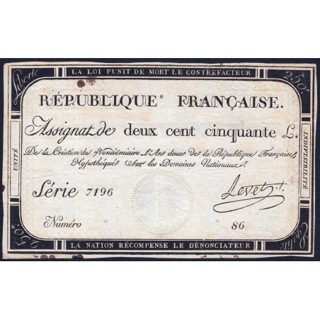 Assignat 45a - 250 livres - Signature 15 - 7 vendémiaire an 2 - Série 7196 - Etat : TTB