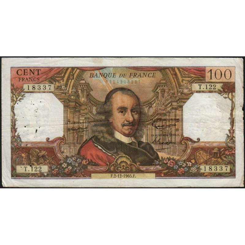 F 65-10 - 02/12/1965 - 100 francs - Corneille - Série T.122 - Etat : B+