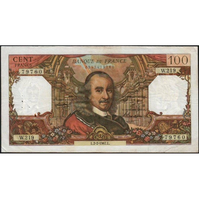 F 65-16 - 02/02/1967 - 100 francs - Corneille - Série W.219 - Remplacement - Etat : TB+