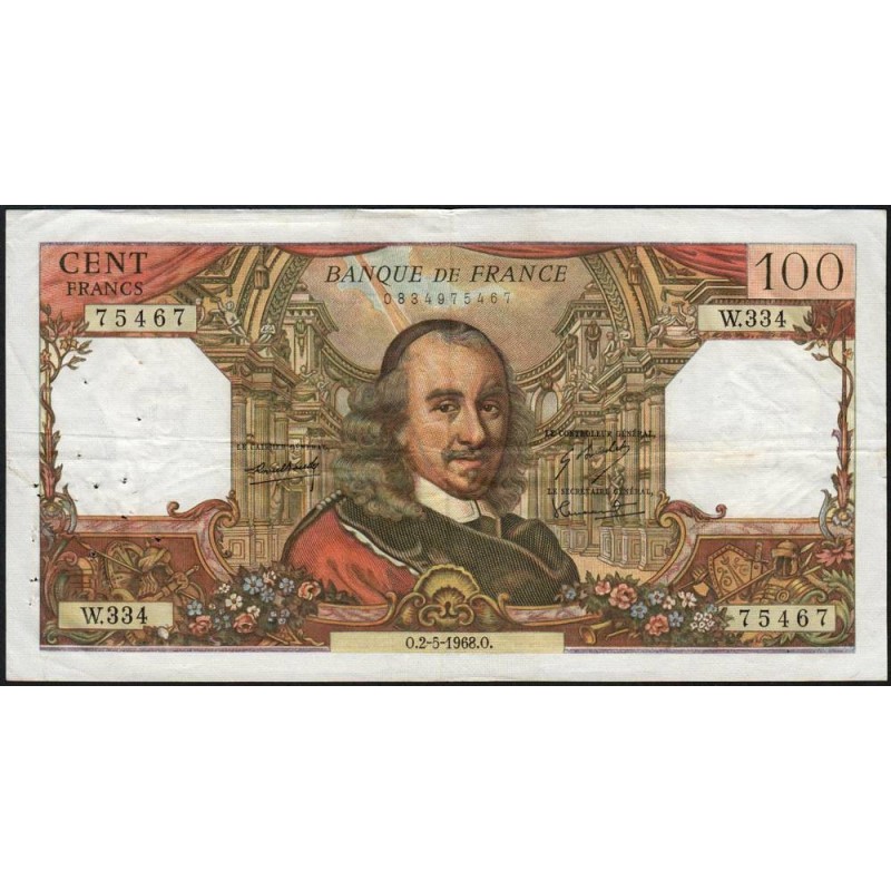 F 65-22 - 02/05/1968 - 100 francs - Corneille - Série W.334 - Remplacement - Etat : TTB-