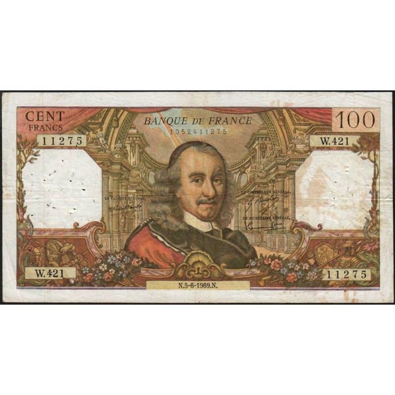 F 65-27 - 05/06/1969 - 100 francs - Corneille - Série W.421 - Remplacement - Etat : B+