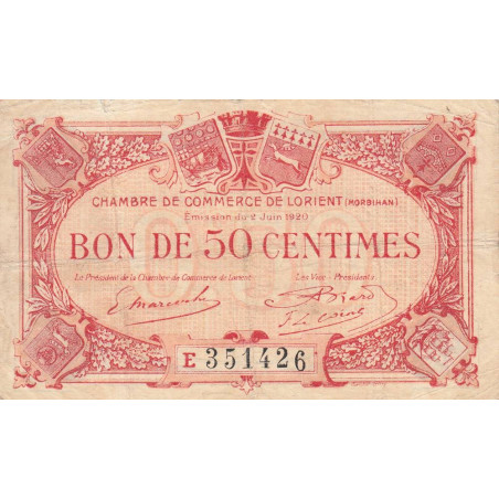 Lorient (Morbihan) - Pirot 75-35 - 50 centimes - Série E - 02/06/1920 - Etat : TB