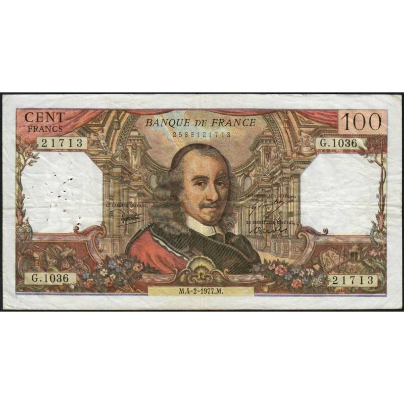 F 65-56 - 04/02/1977- 100 francs - Corneille - Série G.1036 - Etat : TB