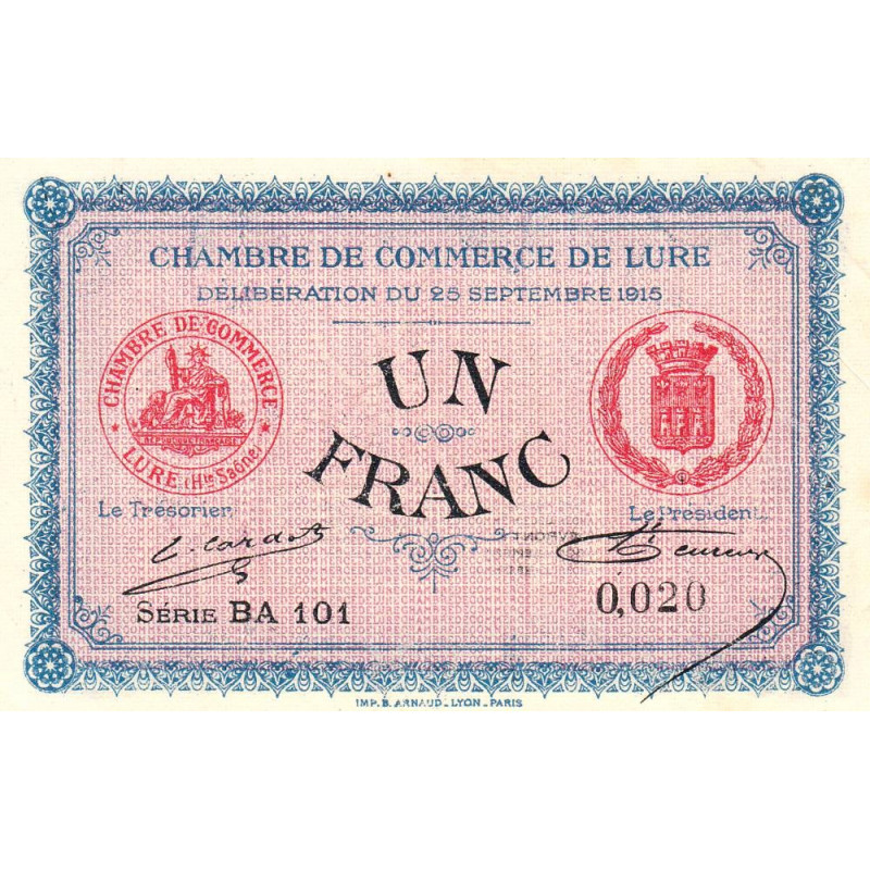 Lure - Pirot 76-15 - 1 franc - Série BA 101 - 25/09/1915 - Petit numéro - Etat : SUP+