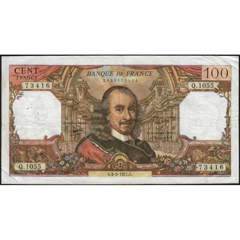 F 65-57 - 03/03/1977- 100 francs - Corneille - Série Q.1055 - Etat : TB+