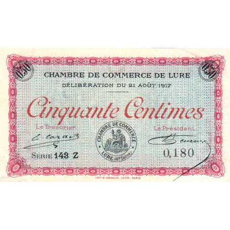 Lure - Pirot 76-18 - 50 centimes - Série 143 Z - 21/08/1917 - Etat : TTB