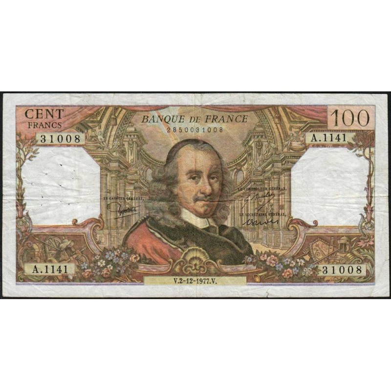 F 65-60 - 02/12/1977- 100 francs - Corneille - Série A.1141 - Etat : TB-