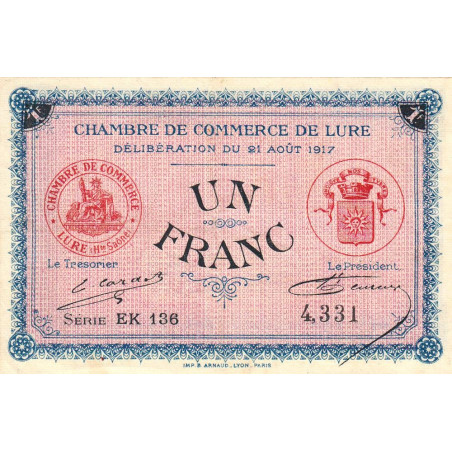 Lure - Pirot 76-22 - 1 franc - Série EK 136 - 21/08/1917 - Etat : TTB+