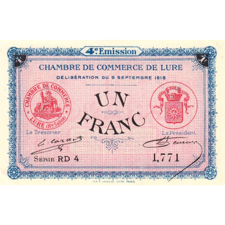 Lure - Pirot 76-26 - 1 franc - Série RD 4 - 09/09/1918 - Etat : SPL+