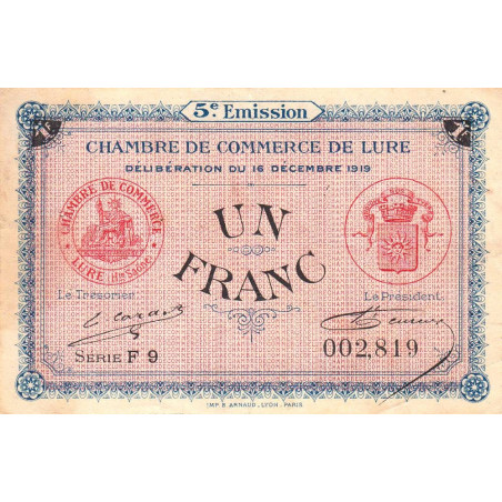 Lure - Pirot 76-34 - 1 franc - Série F 9 - 16/12/1919 - Etat : TB+