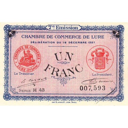 Lure - Pirot 76-43 - 1 franc - Série H 43 - 12/12/1921 - Etat : NEUF