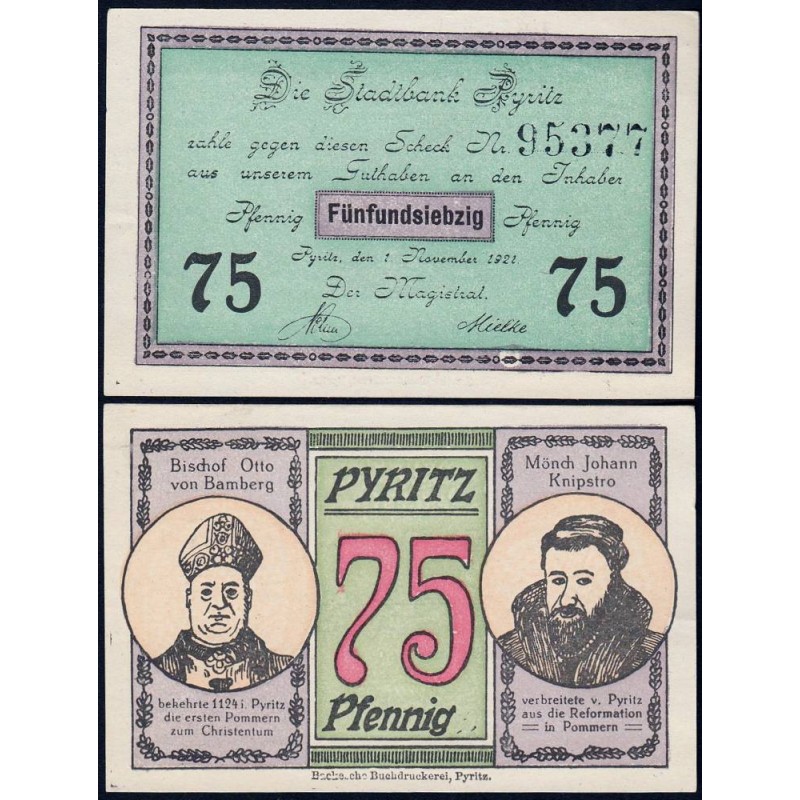 Pologne - Notgeld - Pyritz (Pyrzyce) - 75 pfennig - Type 2 - 01/11/1921 - Etat : SPL