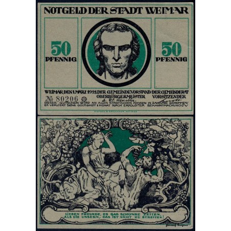 Allemagne - Notgeld - Weimar - 50 pfennig - Vert type a - 01/03/1921 - Etat : SPL