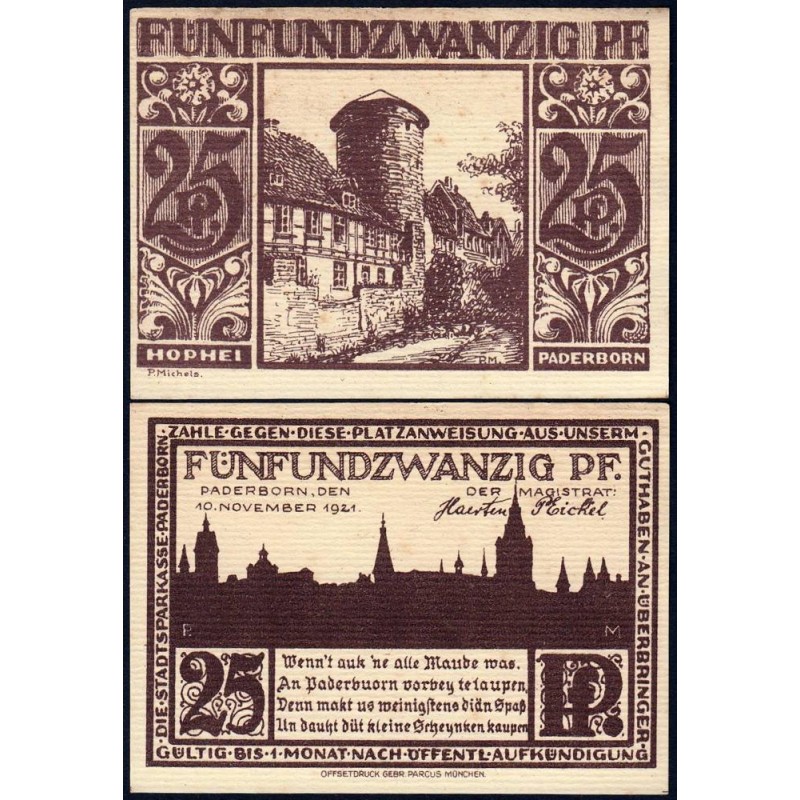 Allemagne - Notgeld - Paderbron - 25 pfennig - 10/11/1921 - Etat : pr.NEUF