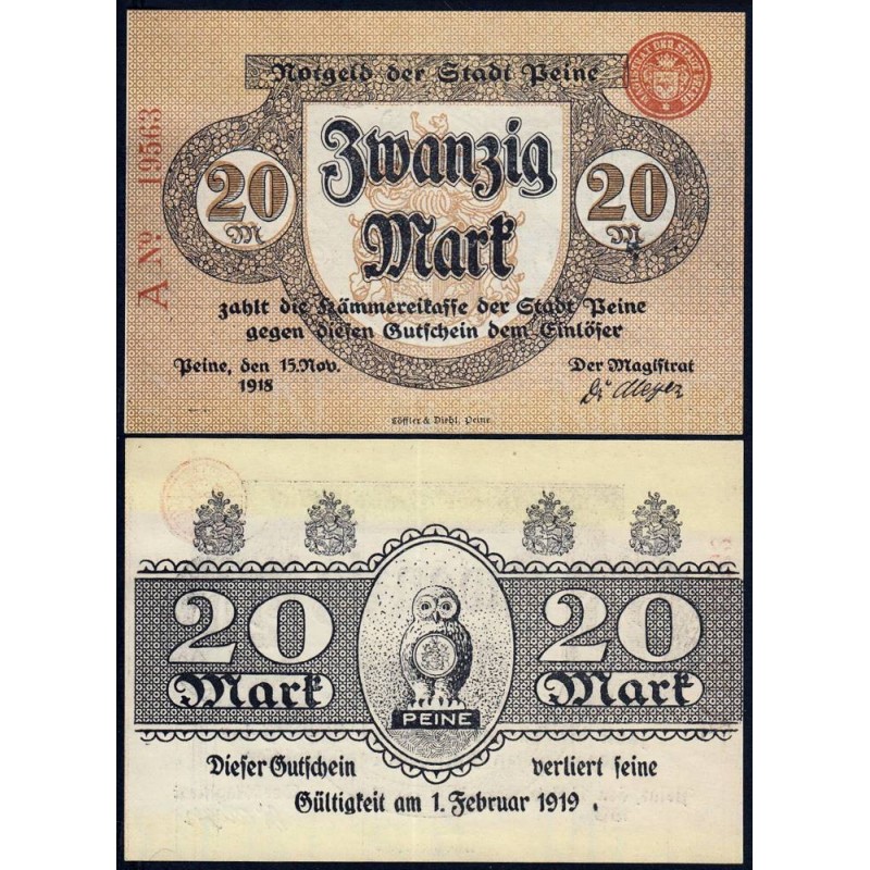 Allemagne - Notgeld - Peine - 20 mark - Série A - 15/11/1918 - Etat : NEUF