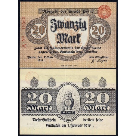 Allemagne - Notgeld - Peine - 20 mark - Série A - 15/11/1918 - Etat : NEUF