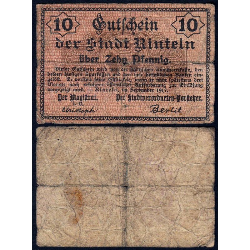 Allemagne - Notgeld - Rinteln-an-Weser - 10 pfennig - 09/1917 - Etat : B+