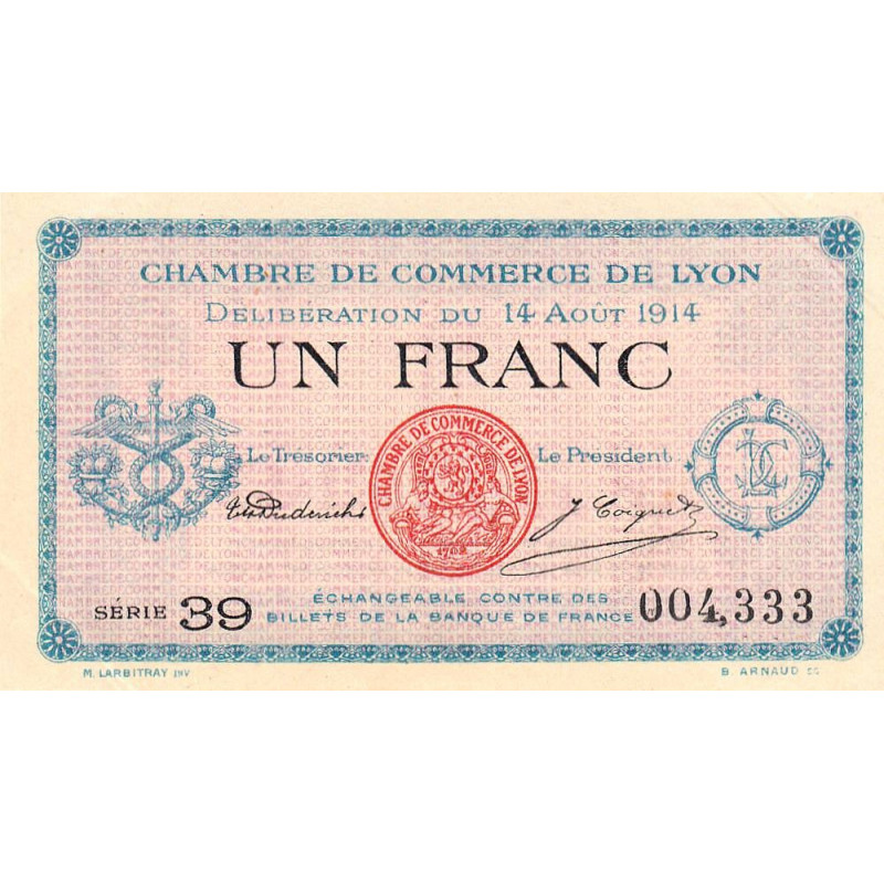 Lyon - Pirot 77-1a - 1 franc - Série 39 - 14/08/1914 - Etat : SUP+