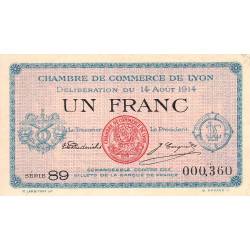 Lyon - Pirot 77-1b - 1 franc - Série 89 - 14/08/1914 - Etat : TTB+