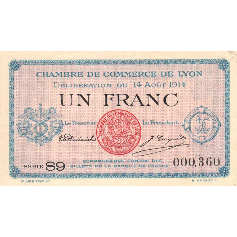 Lyon - Pirot 77-1b - 1 franc - Série 89 - 14/08/1914 - Etat : TTB+
