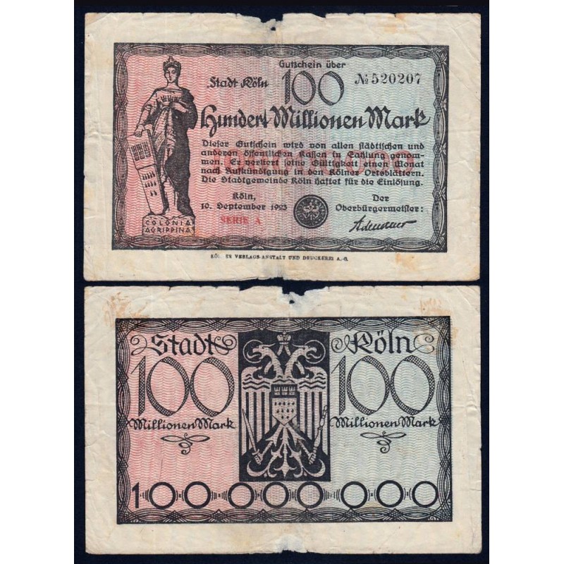 Allemagne - Notgeld - Köln -100 millions mark - Série A - 10/09/1923 - Etat : B