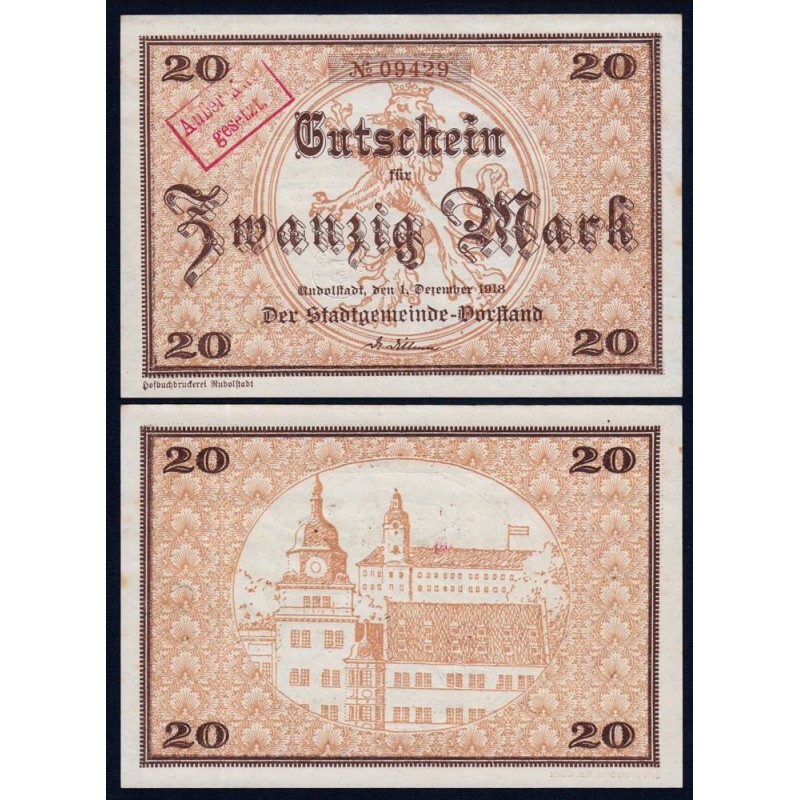 Allemagne - Notgeld - Rudolstadt - 20 mark - 01/12/1918 - Etat : SPL+