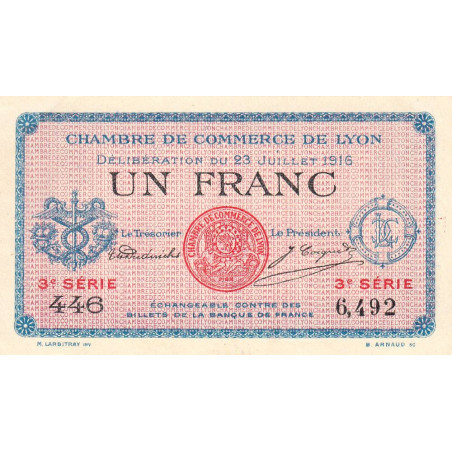 Lyon - Pirot 77-10 - 1 franc - 3e série 446 - 23/07/1916 - Etat : SUP+