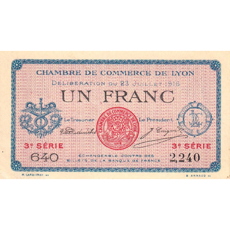 Lyon - Pirot 77-10 - 1 franc - 3e série 640 - 23/07/1916 - Etat : SUP