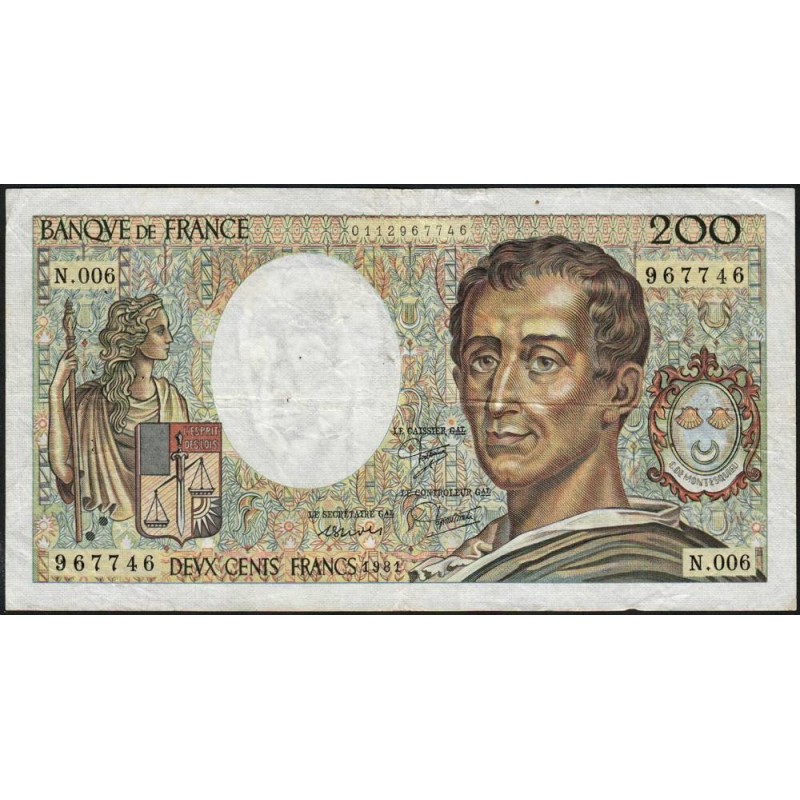 F 70-01 - 1981 - 200 francs - Montesquieu - Série N.006 - Etat : TB