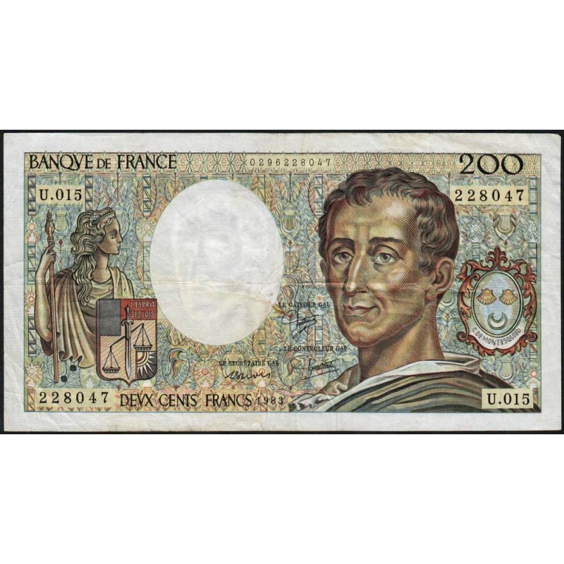 F 70-03 - 1983 - 200 francs - Montesquieu - Série U.015 - Etat : TB