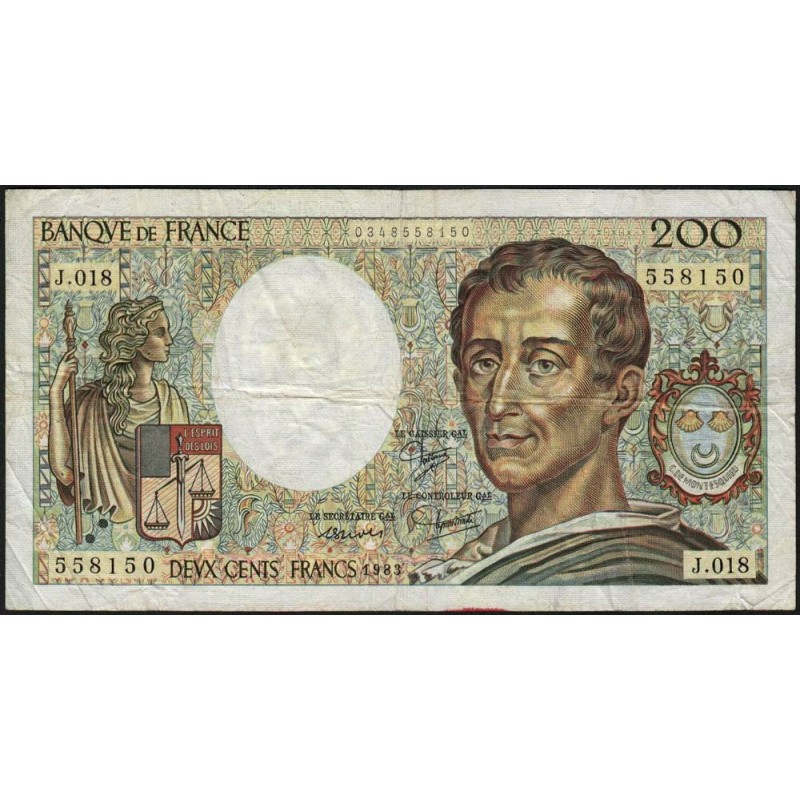 F 70-03 - 1983 - 200 francs - Montesquieu - Série J.018 - Etat : TB-