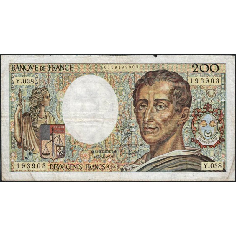 F 70-06 - 1986 - 200 francs - Montesquieu - Série Y.038 - Etat : TB-