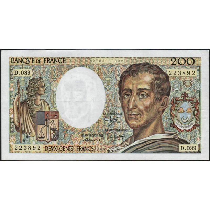 F 70-06 - 1986 - 200 francs - Montesquieu - Série D.039 - Etat : TTB+