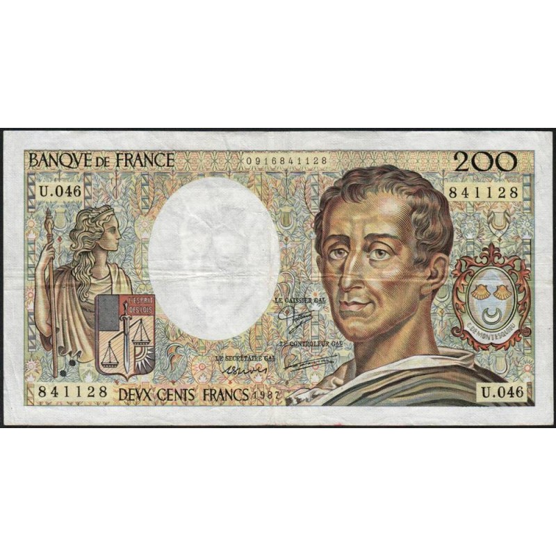 F 70-07 - 1987 - 200 francs - Montesquieu - Série U.046 - Etat : TB