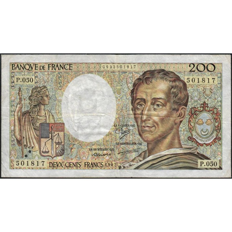 F 70-07 - 1987 - 200 francs - Montesquieu - Série P.050 - Etat : TB-