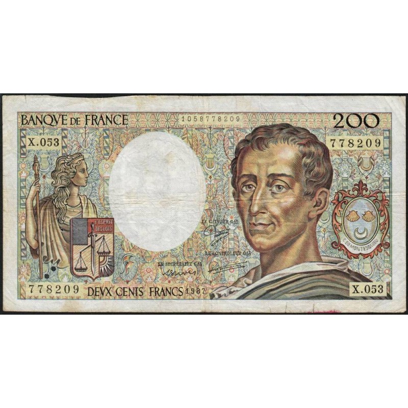 F 70-07 - 1987 - 200 francs - Montesquieu - Série X.053 - Etat : B+