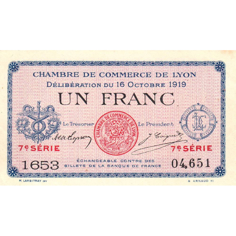 Lyon - Pirot 77-19 - 1 franc - 7e série 1653 - 16/10/1919 - Etat : SUP+