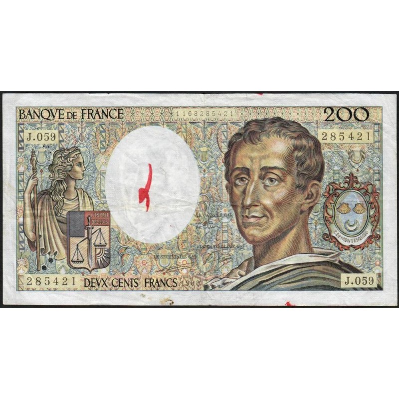 F 70-08 - 1988 - 200 francs - Montesquieu - Série J.059 - Etat : TB-