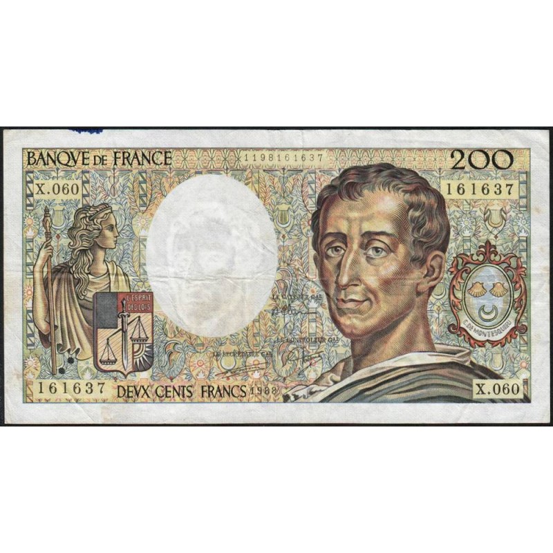 F 70-08 - 1988 - 200 francs - Montesquieu - Série X.060 - Etat : TB