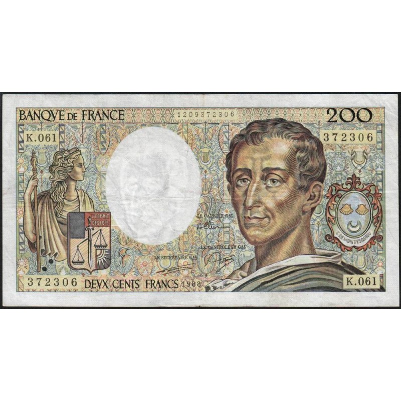 F 70-08 - 1988 - 200 francs - Montesquieu - Série K.061 - Etat : TB-