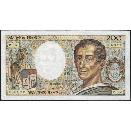 F 70-08 - 1988 - 200 francs - Montesquieu - Série R.061 - Etat : TTB-