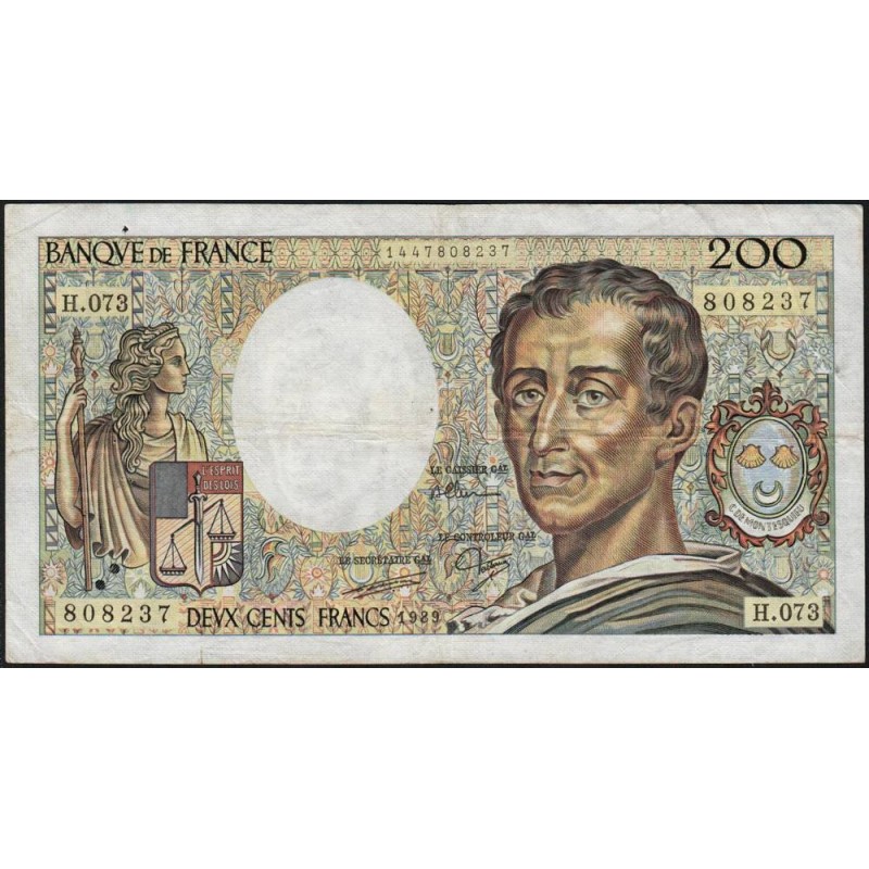 F 70-09 - 1989 - 200 francs - Montesquieu - Série H.073 - Etat : TB
